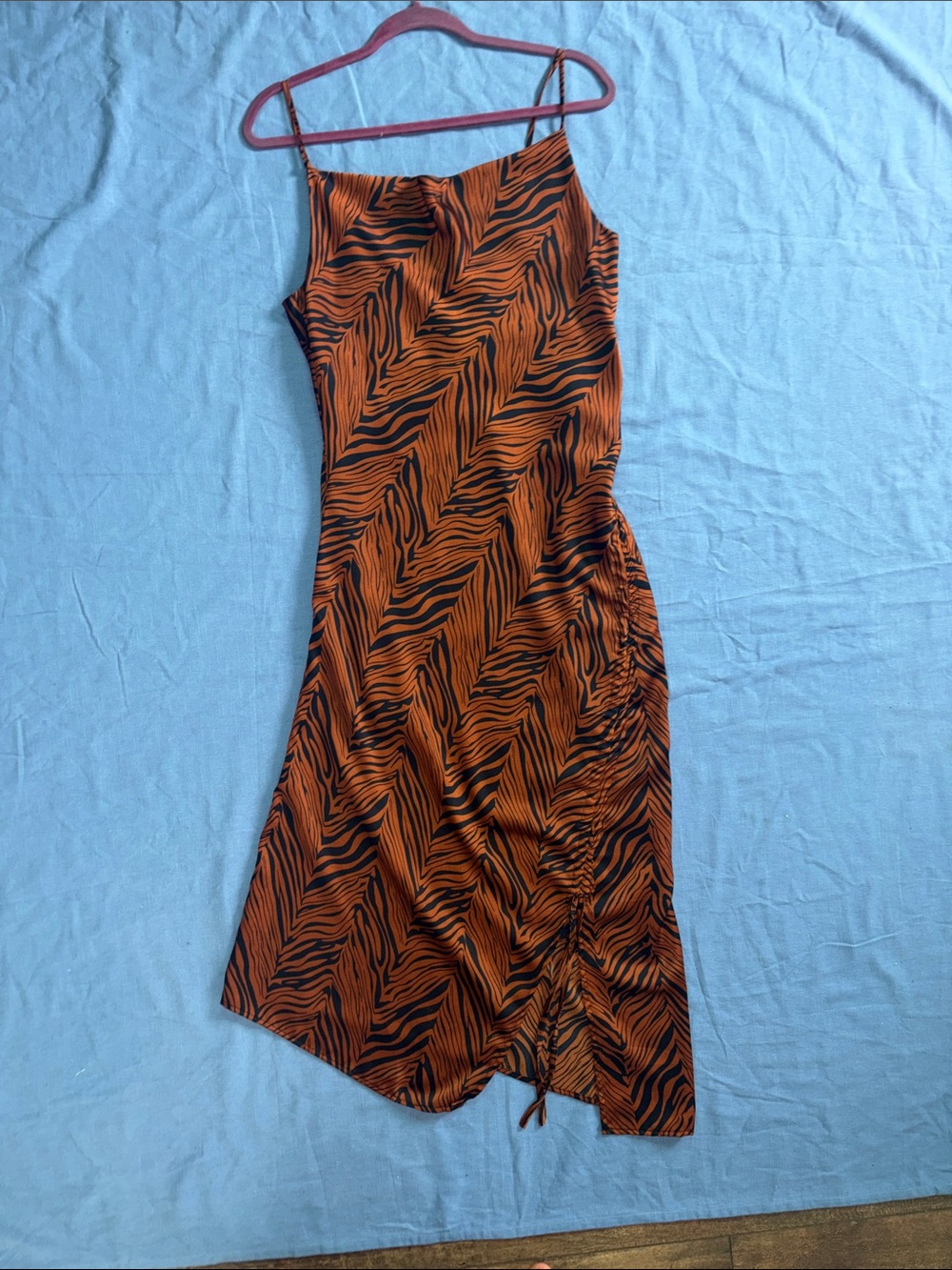 Acoa Orange and Black Zebra-Print Midi Slip Dress with Side Ruche Medium